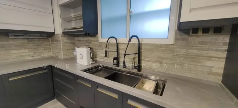 Kitchen features: double-bowl stainless-steel sink, black gooseneck faucet, grey stone countertop, grey tile backsplash, white cabinetry with glass upper cabinets, built-in shelves, under-cabinet lighting, window above sink; style: modern.
