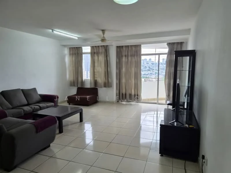Living features: grey fabric sofa, 2-seater sofa with maroon accents, coffee table, floor-to-ceiling windows, sheer curtains, white painted walls, tile flooring, ceiling fan, TV console, city view; style: modern; view: city.