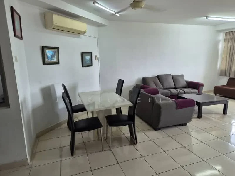 Living features: cream painted walls, white ceiling, tile flooring, 3-seater fabric sofa in grey, 2-seater fabric sofa with purple accents, coffee table, dining table with 4 black chairs, wall-mounted air conditioning unit, curtains, framed artwork on walls; style: contemporary.