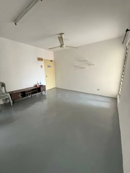 Room features: white painted walls, grey concrete flooring, ceiling fan, window with blinds, wooden bench, door, light fixtures, minimal decor; style: minimalist.