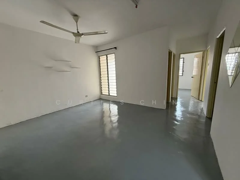 Room features: white painted walls, grey polished concrete flooring, 5-blade ceiling fan, sliding glass door, window with horizontal slats, mirror on wall, doorway leading to adjacent rooms; style: minimalist.