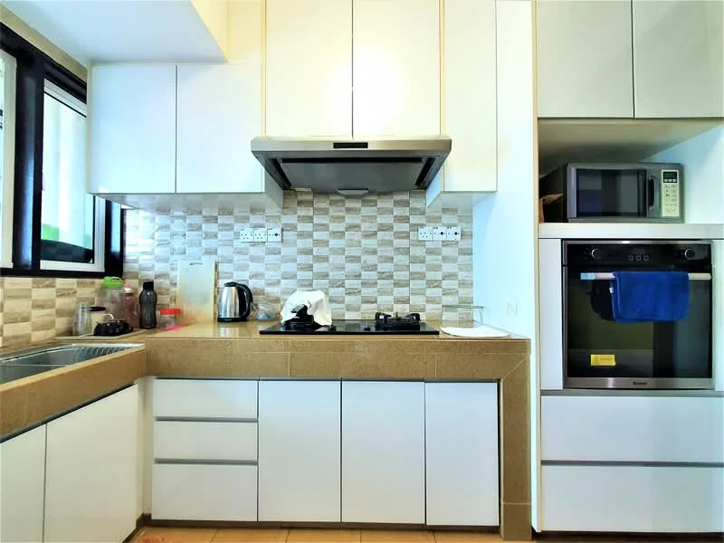 Kitchen features: single-bowl stainless-steel sink, chrome pull-down faucet, granite countertop, white flat-panel cabinets, built-in oven, freestanding range oven, stainless-steel range hood, microwave, tiled backsplash with mosaic pattern, ceramic tile flooring, window with black frame, kettle, black cooking pot; style: modern.