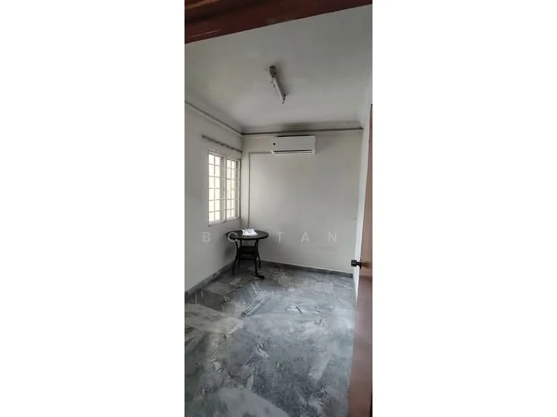 Room features: marble flooring, white painted walls, 1 wall-mounted split AC, single window with grid pattern, ceiling light fixture, small table, door frame, neutral color scheme.