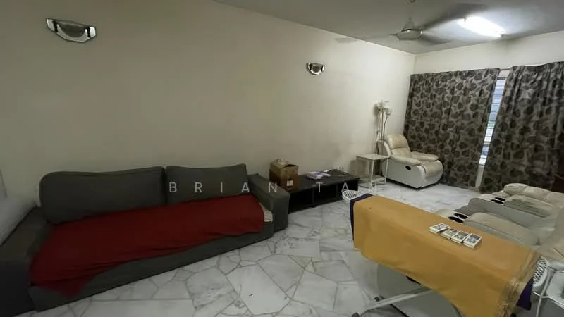 Living features: grey fabric sofa with red throw, marble flooring, two reclining chairs, coffee table, wall-mounted light fixtures, curtains with animal print pattern, ceiling fan, decorative wall, neutral painted walls; style: modern.