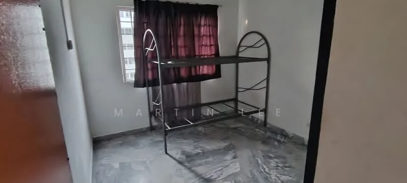 Room features: bunk bed frame, grey marble flooring, white painted walls, window with sheer curtains, single light fixture on ceiling; style: minimalist.