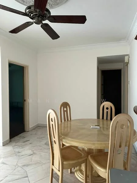 Dining features: round dining table, 4 wooden dining chairs, 5-blade ceiling fan with light, marble flooring, white painted walls, crown moulding, doorway leading to another room, doorway leading to hallway.