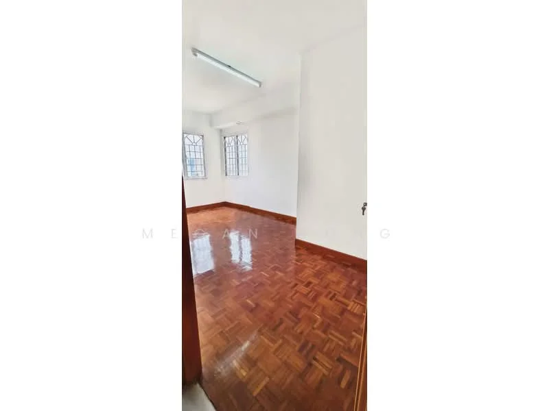 Room features: white painted walls, parquet wood flooring, two windows with grid pattern, ceiling light fixture, door frame, baseboards.