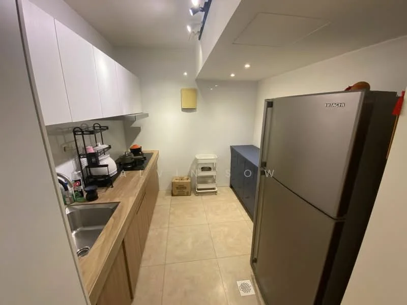 Kitchen features: single-bowl stainless-steel sink, chrome pull-down faucet, laminate countertop, white shaker cabinets, stainless-steel fridge, built-in microwave, tile flooring, recessed downlights, open shelving, kitchen appliances, grey cabinetry, wall-mounted ventilation; style: modern.