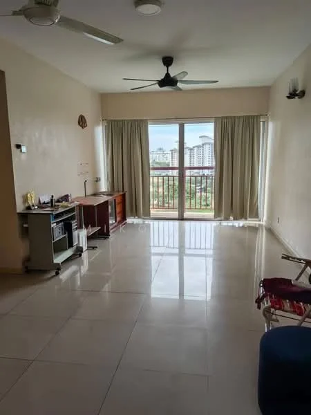 Living features: white painted walls, glossy ceramic tile flooring, 5-blade ceiling fan, floor-to-ceiling sliding glass door, curtains, wooden console table, small desk, chair, balcony view, natural light; style: modern; view: city.