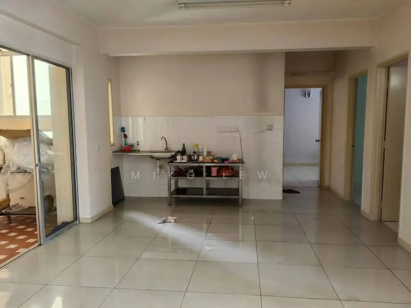Room features: white painted walls, glossy ceramic tile flooring, single-bowl stainless-steel sink, metal kitchen cart, wall-mounted mirror, doorway leading to another room, natural light from window, fluorescent ceiling light.