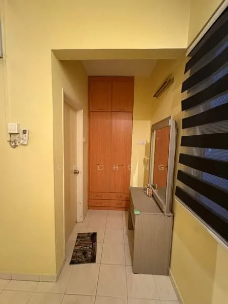 Room features: yellow painted walls, tile flooring, built-in wardrobe with wood finish, full-length mirror, vanity table, striped window blinds, intercom system, door leading to another room; style: modern.
