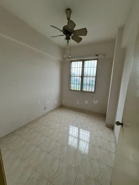 Room features: white painted walls, ceramic tile flooring, 5-blade ceiling fan, single window with grid, natural light from window.