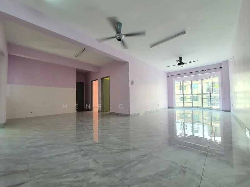 Room features: light purple painted walls, white ceiling, marble tile flooring, 2 ceiling fans, large windows with natural light, open layout, no visible furniture, sliding glass door, view of outdoor space; style: modern.