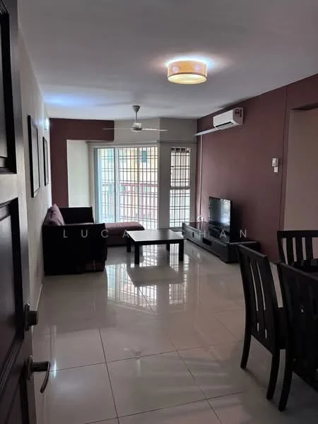 Living features: cream painted walls, dark accent wall, glossy tile flooring, 5-blade ceiling fan with light, recessed ceiling lights, sofa in dark fabric, coffee table, wall-mounted TV, TV console, dining table with chairs, floor-to-ceiling windows, curtains, air conditioning unit; style: modern.