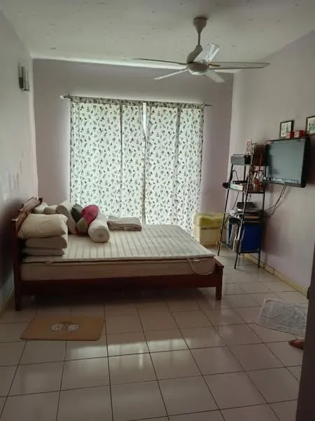 Bedroom features: queen-size bed, wooden bed frame, multiple decorative pillows, ceiling fan, floor-to-ceiling windows, sheer curtains with floral pattern, wall-mounted TV, open shelving unit, tile flooring, light purple painted walls; style: modern.