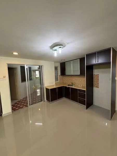 Kitchen features: brown cabinetry, granite countertop, tile backsplash with mosaic pattern, stainless-steel sink, built-in oven, freestanding range oven, recessed downlights, sliding glass door, polished tile flooring, ceiling light fixture; style: modern. Room features: open layout, polished tile flooring, wall with window, doorway leading to another room.