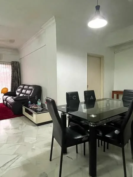 Dining features: glass dining table with black legs, 6 black upholstered dining chairs, white painted walls, marble flooring, recessed ceiling light, window with sheer curtains, decorative wall clock, area rug in red; style: modern. Living features: black leather sofa, white TV console, floor lamp, window with sheer curtains, decorative items on console; style: modern.