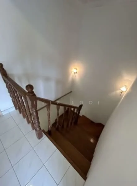 Room features: wooden staircase, white painted walls, wall sconces, glossy tile flooring, light-colored wood handrail.