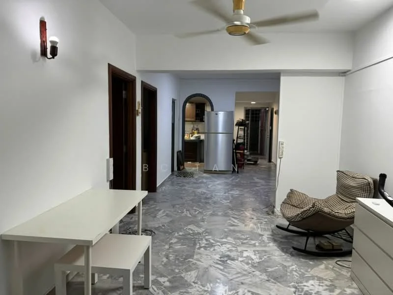 Room features: white painted walls, marble flooring, 5-blade ceiling fan, table with two chairs, rocking chair, doorways leading to other rooms, refrigerator visible in the background, light fixture on the wall; style: modern.