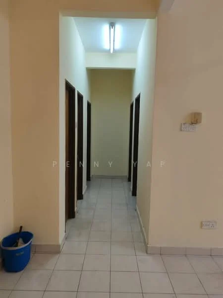 Hallway features: white painted walls, tile flooring, fluorescent ceiling lights, multiple doorways, neutral color scheme, clean and uncluttered space; style: minimalist.