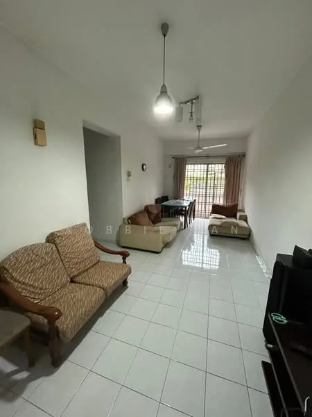 Living features: white painted walls, glossy white tile flooring, 3-seater fabric sofa in beige, 2-seater fabric sofa in beige, ceiling fan, recessed downlights, large window with sheer curtains, dining table with chairs, TV console, wall-mounted TV; style: modern; view: garden.