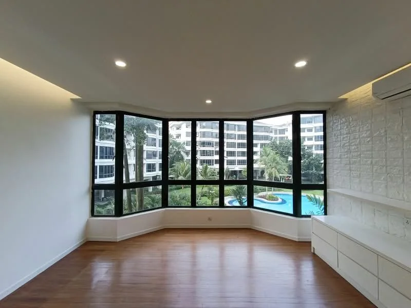 Living features: large bay windows, wood flooring, white painted walls, recessed downlights, air conditioning unit, built-in cabinetry, view of garden, view of swimming pool; style: modern; view: garden.