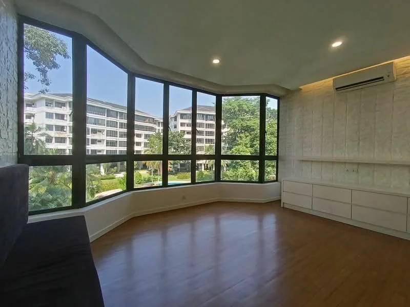 Living features: large floor-to-ceiling windows, wooden flooring, white painted walls, recessed downlights, wall-mounted air conditioning unit, built-in cabinetry, view of garden and pool area, corner layout with natural light; style: modern; view: garden.