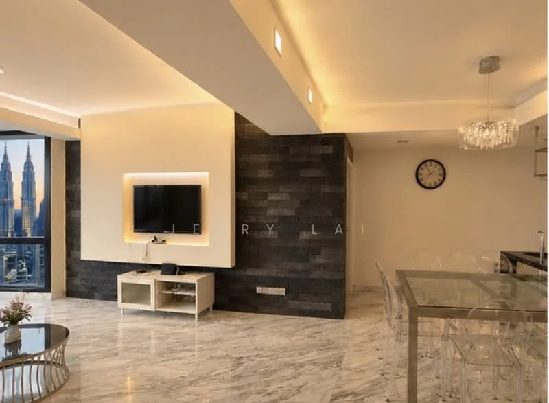 Living features: marble flooring, feature wall with stone cladding, wall-mounted TV, glass coffee table, transparent dining chairs, dining table, recessed ceiling lights, large windows with city view, clock on wall, open layout; style: modern; view: city.