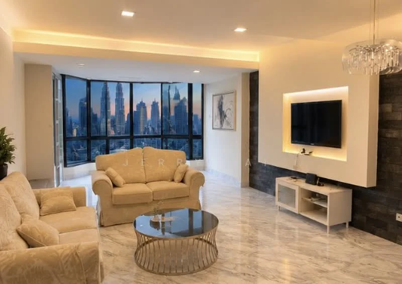 Living features: cream fabric sofa, 2-seater sofa, round glass coffee table, wall-mounted TV, TV console in white, marble flooring, floor-to-ceiling windows, city skyline view, recessed LED lighting, decorative wall paneling, framed artwork; style: modern; view: city.