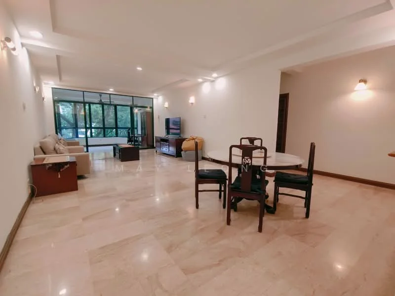 Living features: cream marble flooring, white painted walls, recessed downlights, floor-to-ceiling windows, sliding glass door, sofa in beige fabric, coffee table, TV console, wall-mounted TV, dining table with white top, 4 wooden dining chairs, decorative wall sconces; style: modern; view: garden.