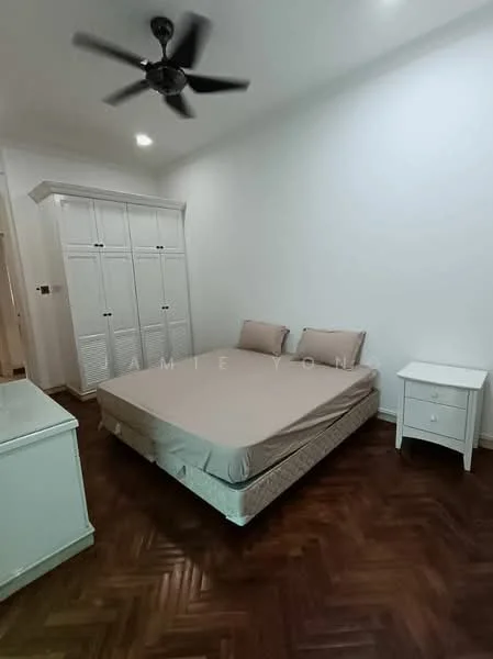 Bedroom features: queen-size bed with beige bedding, two beige pillows, white bedside table, white wardrobe with louvered doors, wooden flooring with herringbone pattern, ceiling fan with light, recessed ceiling lights, neutral wall color; style: modern.