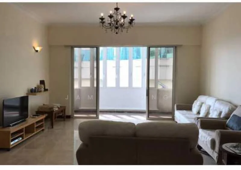Living features: cream painted walls, marble tile flooring, chandelier, 5-blade ceiling fan, floor-to-ceiling windows, sliding glass door, sofa in light fabric, wooden TV console, wall-mounted TV, coffee table; style: modern; view: city.