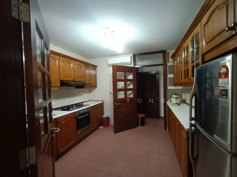 Kitchen features: wooden cabinetry, white countertop, stainless-steel fridge, built-in gas stove, oven, double-basin stainless-steel sink, wall-mounted air conditioning unit, tile flooring in red, ceiling light fixture, open shelving, kitchen exhaust hood, window with wooden shutters; style: traditional.