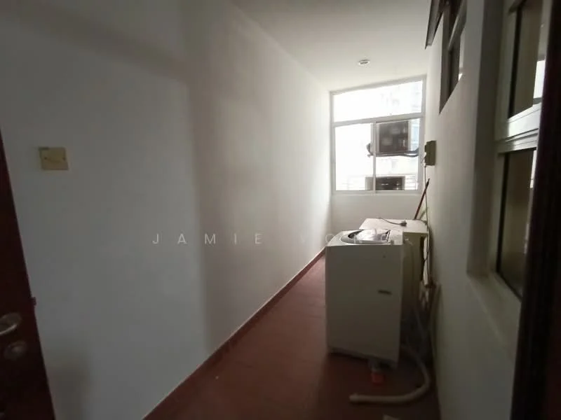 Room features: white painted walls, red tile flooring, window with city view, air conditioning unit, washing machine.