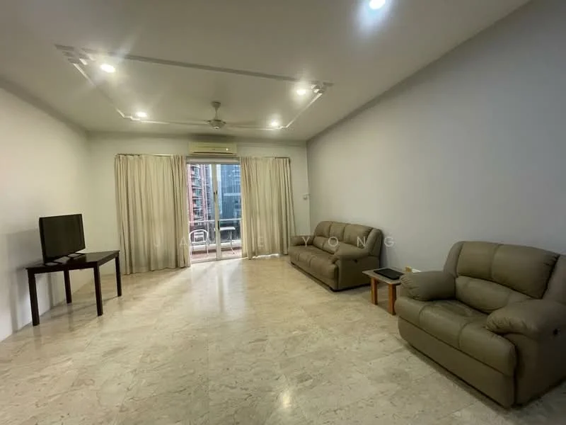 Living features: cream painted walls, marble flooring, 5-blade ceiling fan with light, recessed downlights, sofa in beige, 2-seater leather sofa, 3-seater fabric sofa in beige, TV console, wall-mounted TV, floor-to-ceiling windows, sheer curtains, sliding glass door, access to balcony; style: modern; view: city.