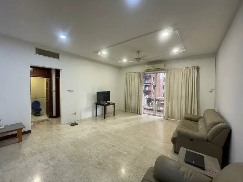 Living features: cream painted walls, marble flooring, 5-blade ceiling fan with light, recessed downlights, sofa in beige, coffee table, wall-mounted TV, curtains, sliding glass door, balcony view, air conditioning unit; style: modern; view: city. Room features: doorway leading to bathroom, toilet visible through doorway.