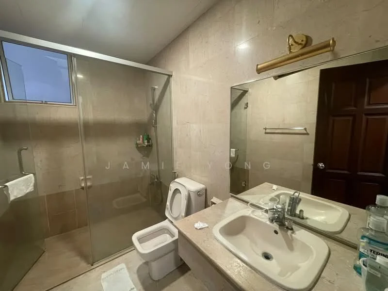 Bathroom features: glass shower enclosure, single-sink vanity with marble countertop, chrome basin mixer faucet, framed mirror, one-piece toilet, towel rack, tile flooring, cream tiled walls, window for natural light; style: modern.