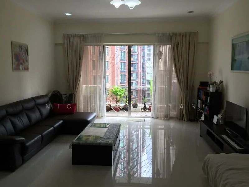 Living features: 3-seater leather sofa in black, coffee table with glass top, TV console, wall-mounted TV, floor-to-ceiling sliding glass door, curtains, decorative artwork on walls, polished tile flooring, recessed downlights, potted plants visible outside; style: modern; view: garden.