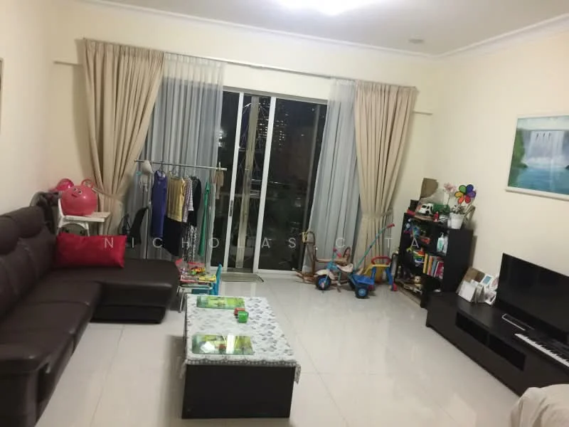 Living features: brown leather sectional sofa, glass coffee table with decorative cloth, wall-mounted TV, black TV console, curtains on sliding glass door, floor-to-ceiling windows, white painted walls, polished ceramic tile flooring, decorative wall art, clothes rack with hanging clothes, children's toys, area rug; style: modern; view: city.