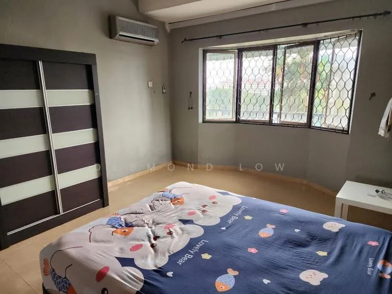 Bedroom features: queen-size bed with patterned bedding, built-in wardrobe with sliding doors, floor-to-ceiling windows, window with security grille, air conditioning unit, cream tiled flooring, neutral painted walls, small bedside table; style: modern; view: garden.