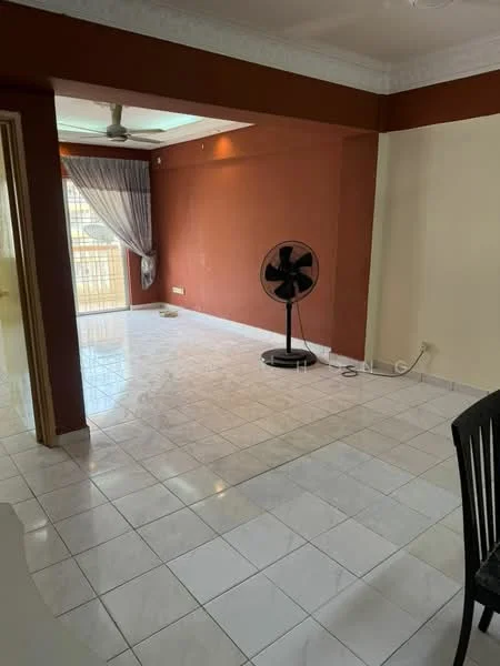 Living features: white tiled flooring, red accent wall, cream painted walls, ceiling fan, curtains, balcony door, natural light from windows, open space layout; style: modern; view: city.