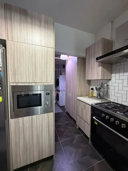 Kitchen features: light wood cabinetry, white countertop, stainless-steel sink, chrome pull-down faucet, built-in microwave, stainless-steel fridge, freestanding gas range oven, black oven with 5 burners, white subway tile backsplash, dark tile flooring, recessed lighting; style: modern. Laundry features: stacked washer and dryer.