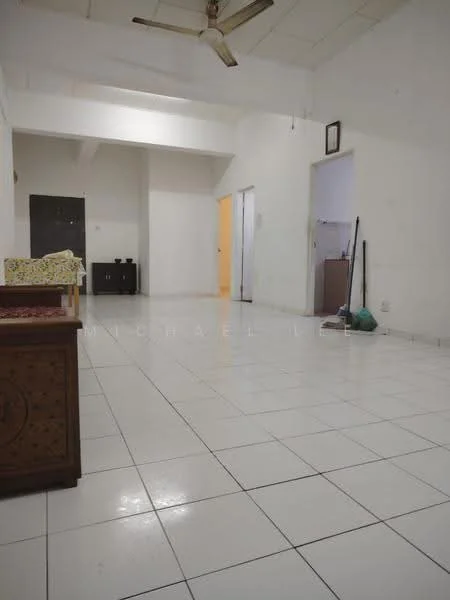 Living features: white painted walls, white tiled flooring, ceiling fan, sofa, wooden coffee table, open space layout, doorway to other rooms, natural light from windows.