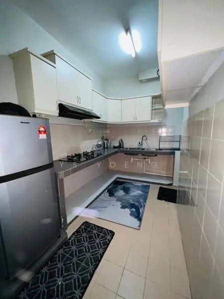 Kitchen features: white cabinetry, stainless-steel fridge, 4-burner gas hob, built-in oven, single-bowl stainless-steel sink, chrome pull-down faucet, grey tile backsplash, ceramic tile flooring, area rug with abstract pattern, wall-mounted extractor hood, under-cabinet lighting, window for natural light; style: modern.