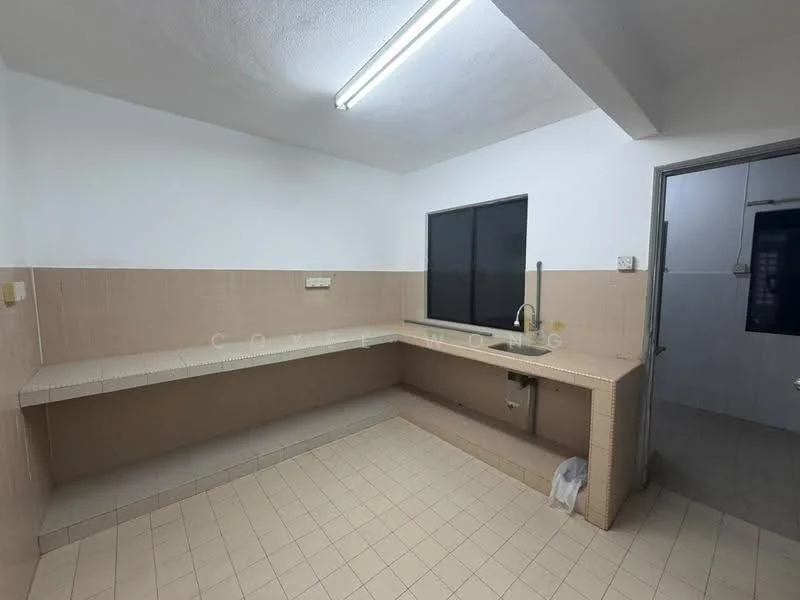 Kitchen features: white painted walls, beige tiled backsplash, light beige tiled flooring, single-bowl stainless-steel sink, chrome pull-down faucet, built-in countertop, window with black frame, fluorescent ceiling lights.