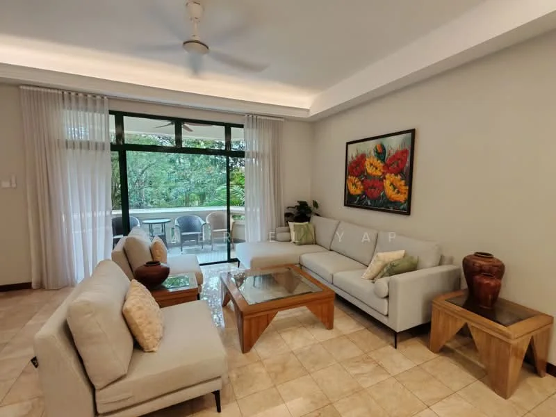 Living features: 3-seater fabric sofa in light grey, 2-seater fabric sofa in light grey, glass coffee table, wooden side table, decorative vase, framed artwork with floral design, floor-to-ceiling windows, sheer curtains, tile flooring, ceiling fan with light, potted plant, access to balcony; style: modern; view: garden.