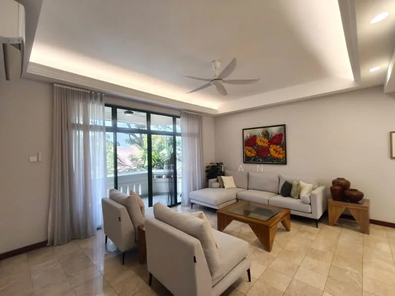 Living features: cream painted walls, tray ceiling with recessed lighting, 5-blade ceiling fan with light, floor-to-ceiling windows, sliding glass door, sheer curtains, light-colored sofa, wooden coffee table, decorative wall art, two accent chairs, area rug, marble tile flooring; style: modern; view: garden.
