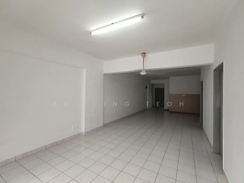 Room features: white painted walls, tile flooring, fluorescent ceiling lights, ceiling fan, open layout, neutral color scheme, large windows, no visible furniture; style: minimalist.