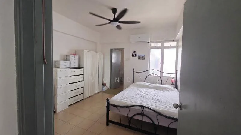 Bedroom features: queen-size bed with white bedding, black metal bed frame, 5-blade ceiling fan, wall-mounted split AC unit, white painted walls, tile flooring, large window with natural light, built-in wardrobe with sliding doors, chest of drawers, decorative wall photos; style: minimalist.