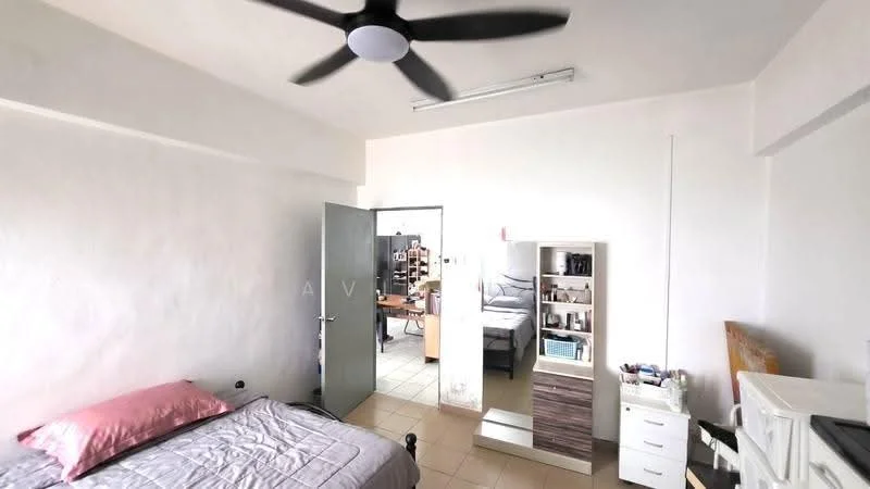 Bedroom features: white painted walls, ceiling fan, tile flooring, single bed, pink bedding, mirror, built-in wardrobe, study desk, open door to another room.
